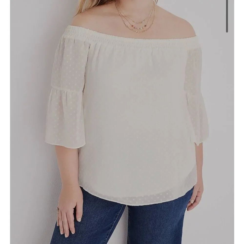 MAURICES - Off The Shoulder - White - Ruffle Overlay 3/4 Bell Sleeve Blouse Top